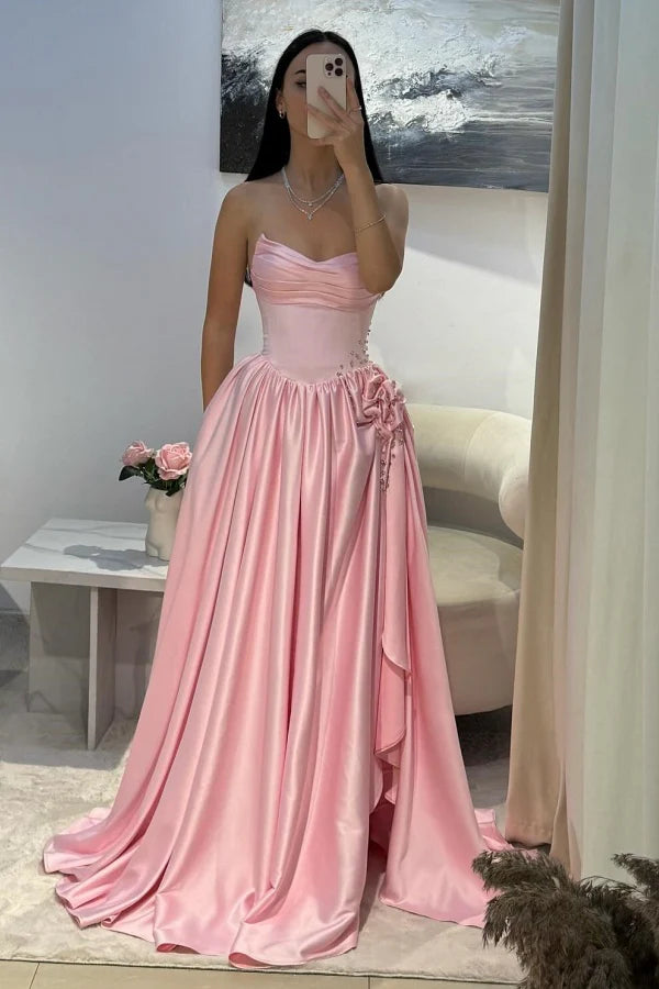 Cute A line Sweetheart Pink Satin Prom Dresses Long Party Dress 23rd Birthday Outfits Graduation Dress RB954