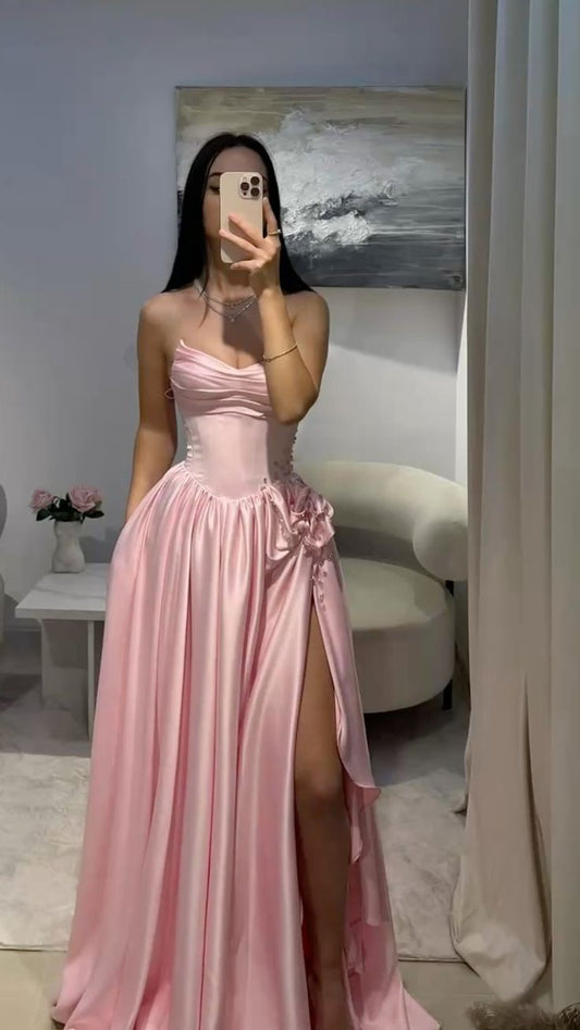 Cute A line Sweetheart Pink Satin Prom Dresses Long Party Dress 23rd Birthday Outfits Graduation Dress RB954
