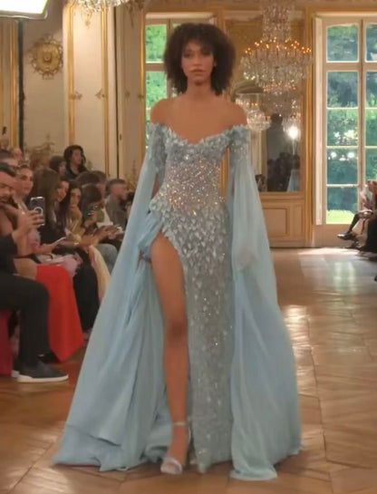 Sexy Mermaid Off The Shoulder Light Sky Blue Sequins Slit Prom Dresses Long Party Dress 22th Birthday Outfits Graduation Dress RB961
