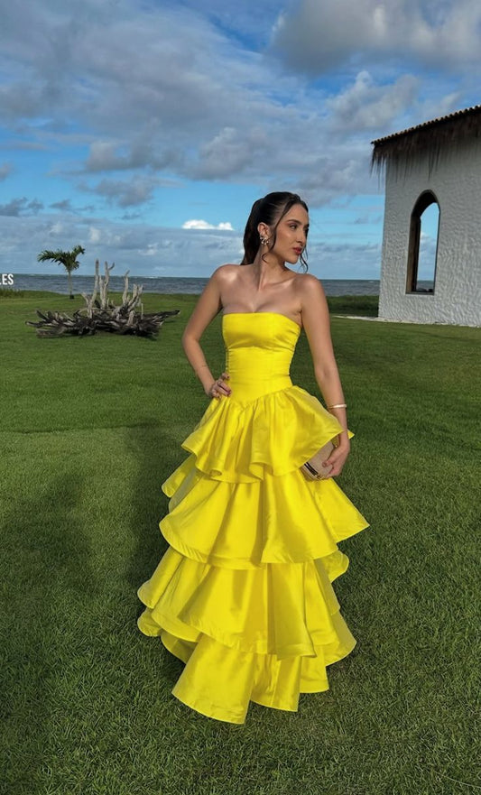 Cute Ball Gown Strapless Yellow Satin Prom Dresses Long Party Dress 22th Birthday Outfit Graduation Dress RB973