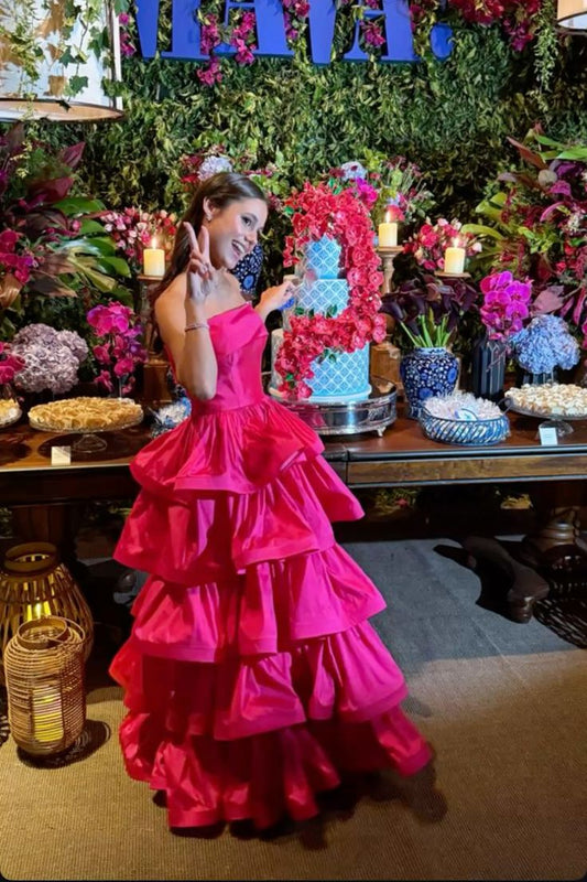 Classy Ball Gown Strapless Hot Pink Satin Prom Dresses Long Party Dress 18th Birthday Outfit Graduation Dress RB980