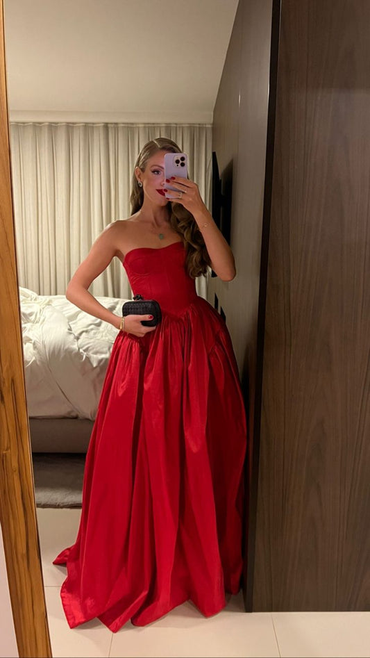 Ethereal Ball Gown Strapless Red Satin Prom Dresses Long Party Dress 18th Birthday Outfit Graduation Dress RB992