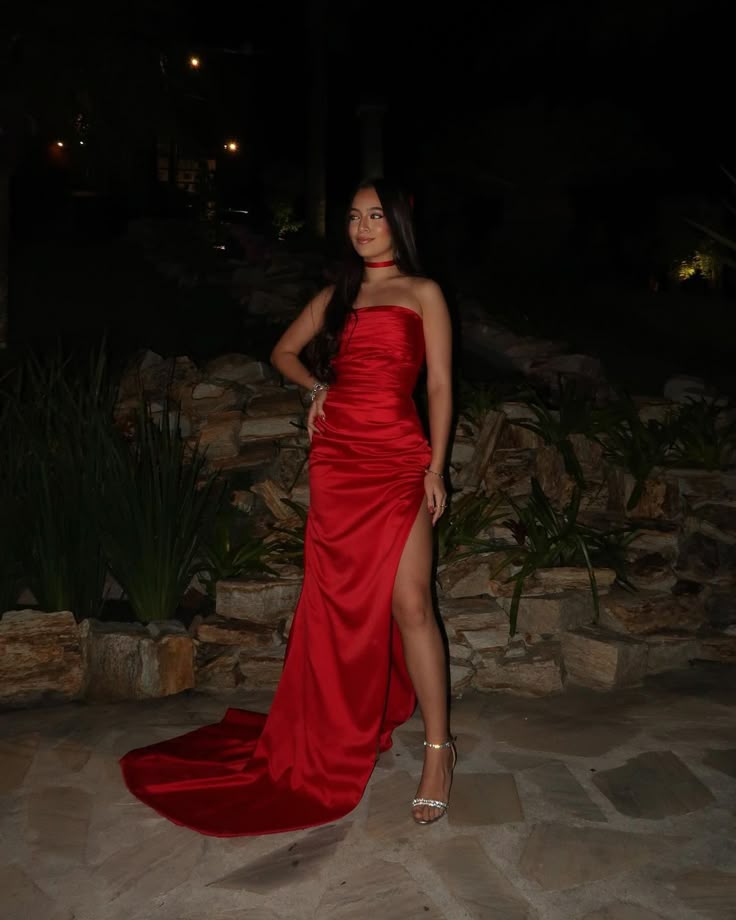 Sexy Mermaid Strapless Red Slit Satin Prom Dresses Long Party Dress 21st Birthday Outfit Graduation Dress RB996