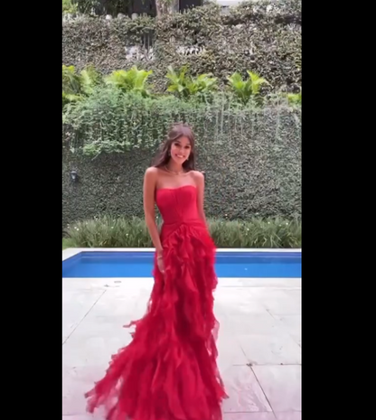 Sexy Mermaid Strapless Tulle Layers Pink Prom Dresses Long Party Dress 21st Birthday Outfit Graduation Dress RB999