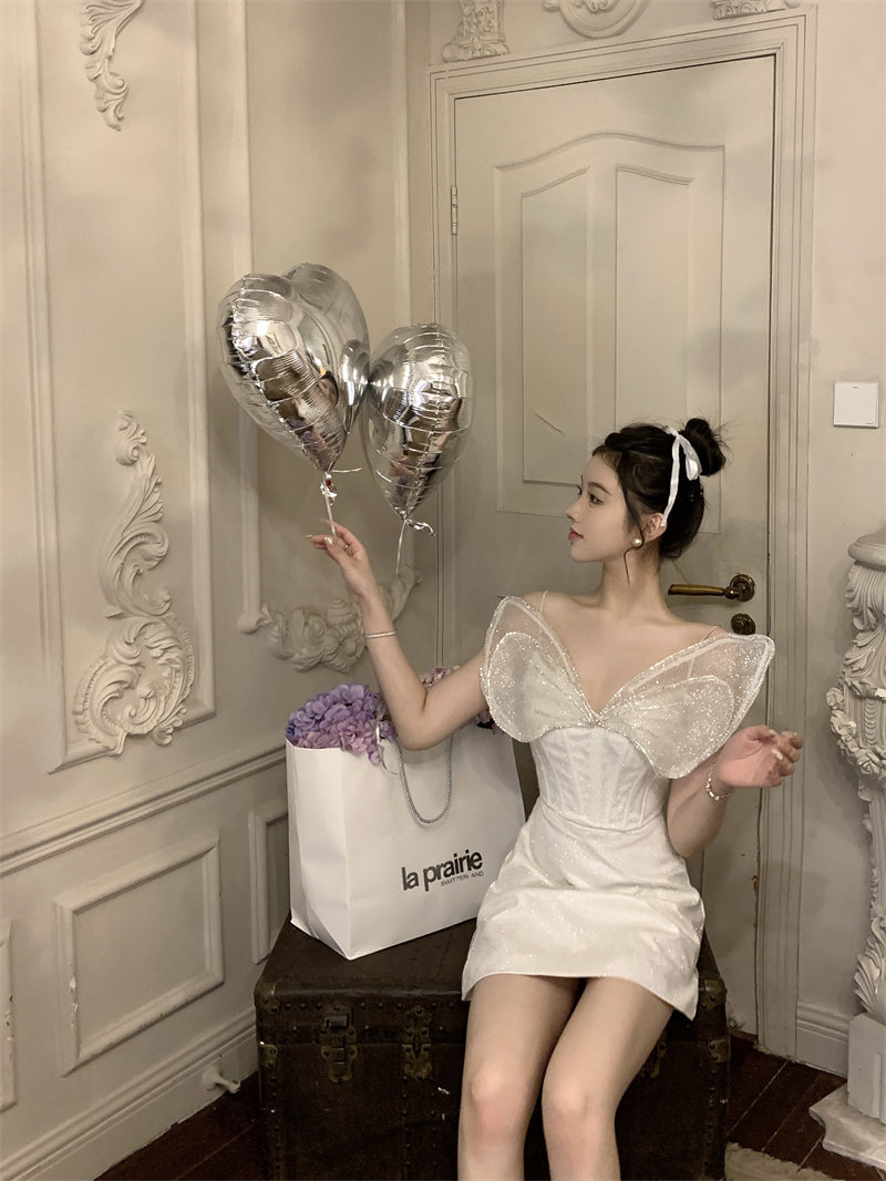Sweet White Spaghetti Strap A-Line Satin Short Birthday Dress RF01002