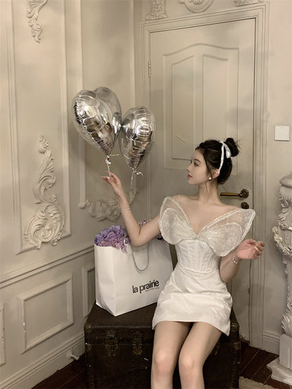Sweet White Spaghetti Strap A-Line Satin Short Birthday Dress RF01002