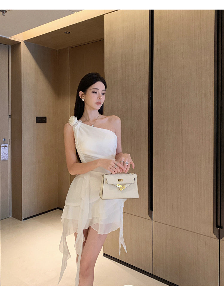 Elegant White One Shoulder Sheath Chiffon Short Birthday Party Dress RF01004