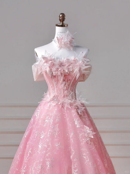 Gorgeous Pink Strapless A-Line Tulle Beaded Long Prom Dresses, Sweet 16 Dress  RF01007