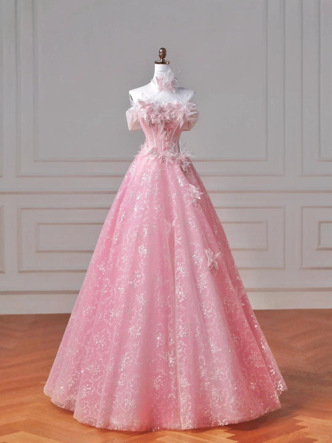 Gorgeous Pink Strapless A-Line Tulle Beaded Long Prom Dresses, Sweet 16 Dress  RF01007