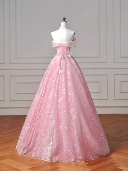 Gorgeous Pink Strapless A-Line Tulle Beaded Long Prom Dresses, Sweet 16 Dress  RF01007