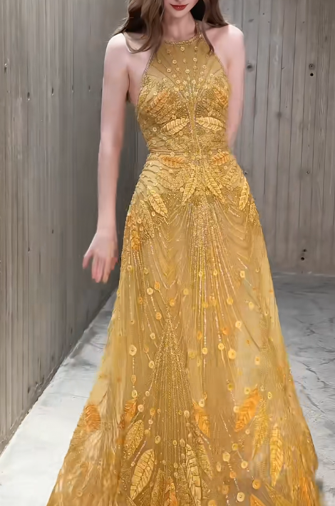 Elegant Gold Halter Neck A-Line Beading Long Prom Dresses, Formal Evening Dresses  RF01008