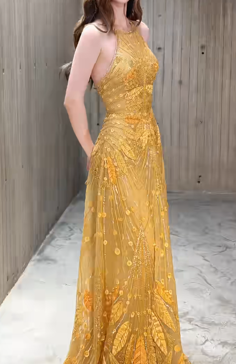 Elegant Gold Halter Neck A-Line Beading Long Prom Dresses, Formal Evening Dresses  RF01008