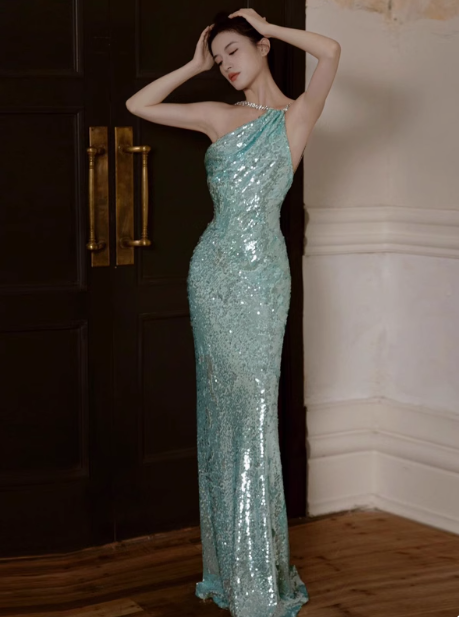 Sparkly Mint Green One Shoulder Sheath Sequin Backless Long Prom Dresses RF01009