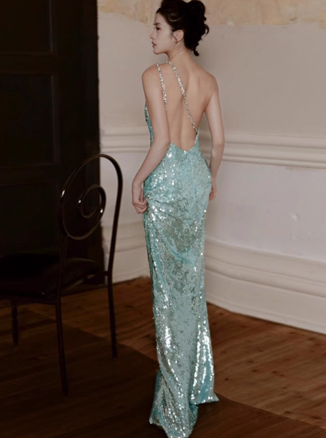 Sparkly Mint Green One Shoulder Sheath Sequin Backless Long Prom Dresses RF01009