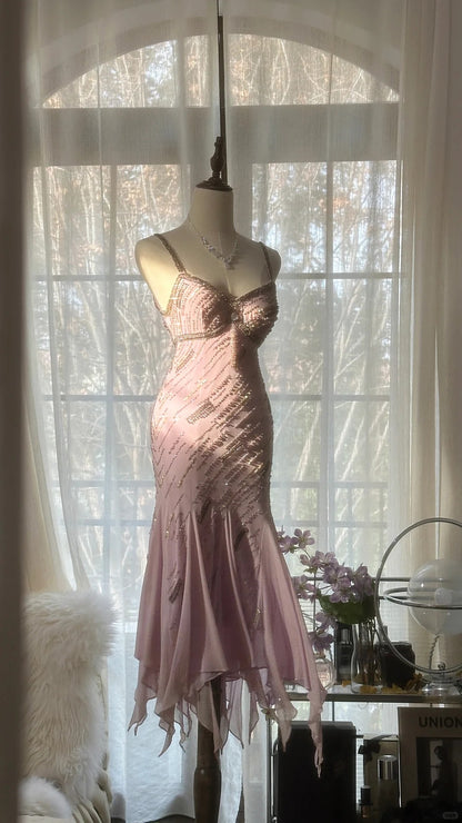 Vintage Pink Spaghetti Strap Sheath Beaded Chiffon Short Prom Dresses RF01010