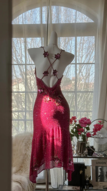 Elegant Red Spaghetti Straps Sheath Silk Beaded Short Prom Dresses with 3D Appliques RF01012