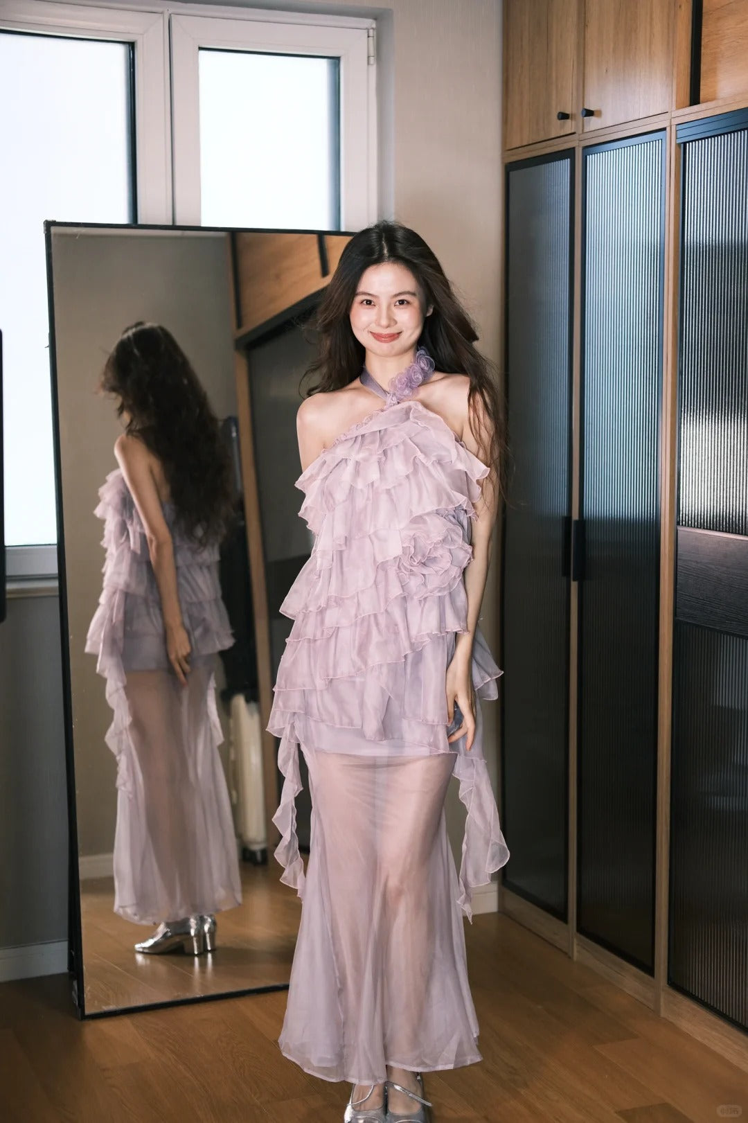 Chic Halter Neck Sheath Light Purple Formal Dresses, Applique Tulle Long Prom Dresses RF01016