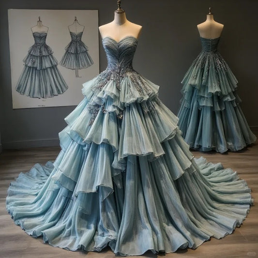 Grey Blue Sweetheart Neck A-Line Tulle Long Stunning Prom Dresses, Sweet 16 Dresses RF01017