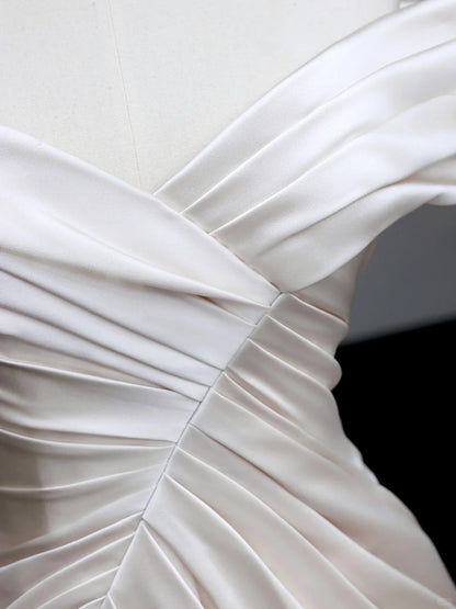 Simple Off Shoulder White Mermaid Wedding Dress Satin Slit Formal Dresses RF01018