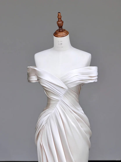 Simple Off Shoulder White Mermaid Wedding Dress Satin Slit Formal Dresses RF01018