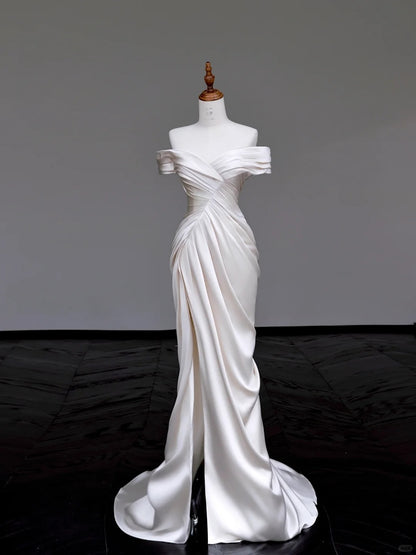 Simple Off Shoulder White Mermaid Wedding Dress Satin Slit Formal Dresses RF01018