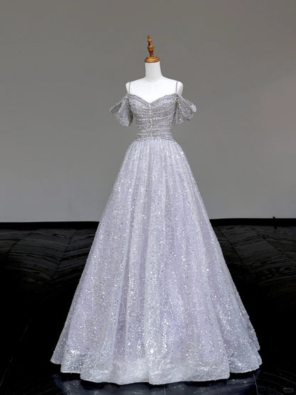 Glitter Silver A-Line Off Shoulder Tulle Long Prom Dresses Elegant Evening Dresses RF01019