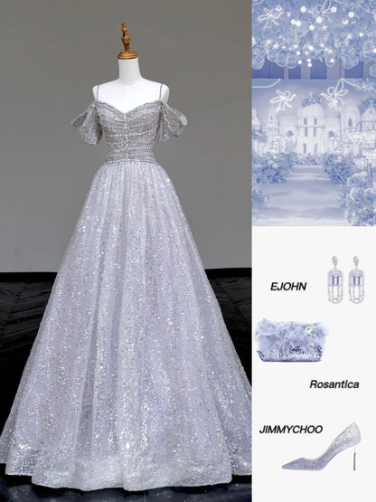 Glitter Silver A-Line Off Shoulder Tulle Long Prom Dresses Elegant Evening Dresses RF01019