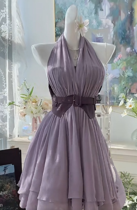 Purple Halter Neck A-Line Backless Chiffon Party Dress Fashion Birthday Dress RF01021