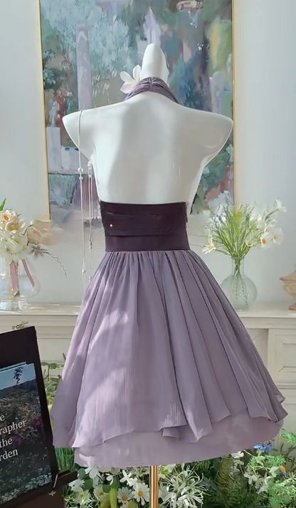 Purple Halter Neck A-Line Backless Chiffon Party Dress Fashion Birthday Dress RF01021
