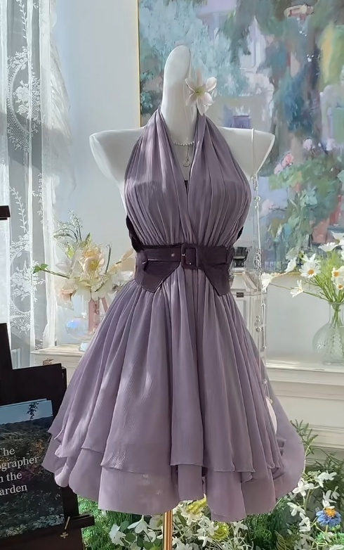 Purple Halter Neck A-Line Backless Chiffon Party Dress Fashion Birthday Dress RF01021