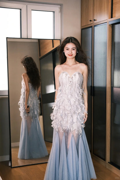Elegant Gray Blue Sheath Sheer Straps Birthday Prom Dresses Tulle Tassel Evening Dress RF01025