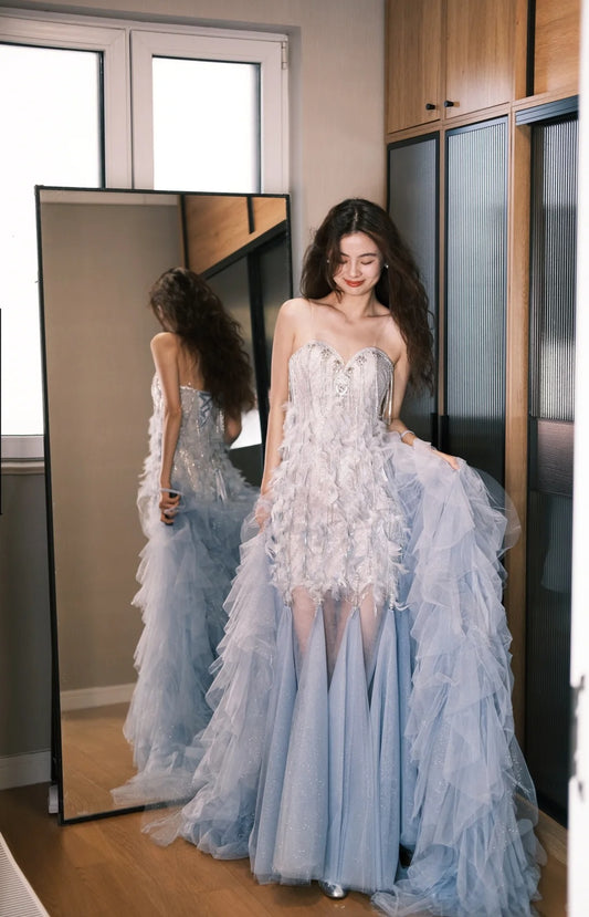 Elegant Gray Blue Sheath Sheer Straps Birthday Prom Dresses Tulle Tassel Evening Dress RF01025