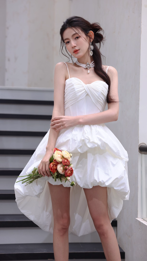 Pretty White Spaghetti Strap Hi-Lo Quinceanera Dress Elegant 18th Birthday Outfit RF01027