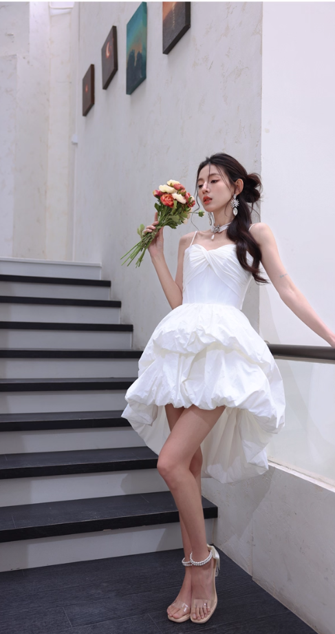Pretty White Spaghetti Strap Hi-Lo Quinceanera Dress Elegant 18th Birthday Outfit RF01027
