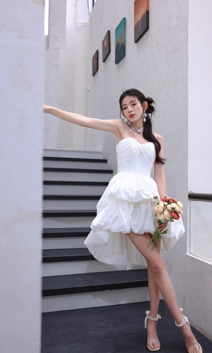 Pretty White Spaghetti Strap Hi-Lo Quinceanera Dress Elegant 18th Birthday Outfit RF01027