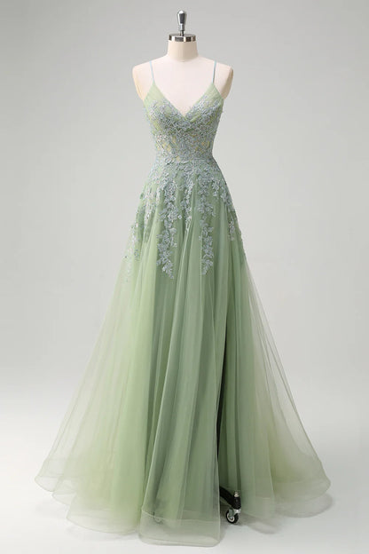 Green Floral A-Line Spaghetti Straps Tulle Corset Long Prom Dress with Slit RF0383