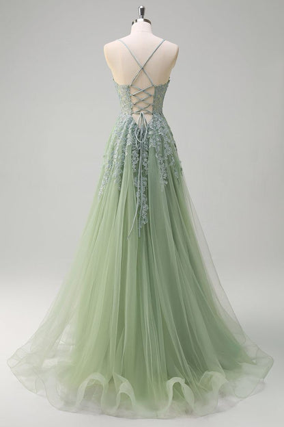 Green Floral A-Line Spaghetti Straps Tulle Corset Long Prom Dress with Slit RF0383