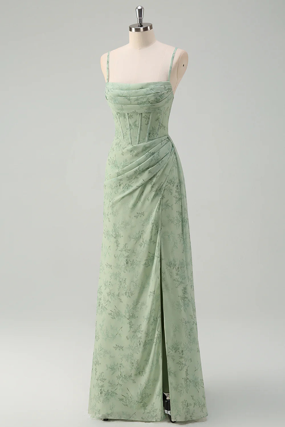 Dusty Sage Corset Floral Print Evening Dresses Bridesmaid Dresses with Slit  RF0385