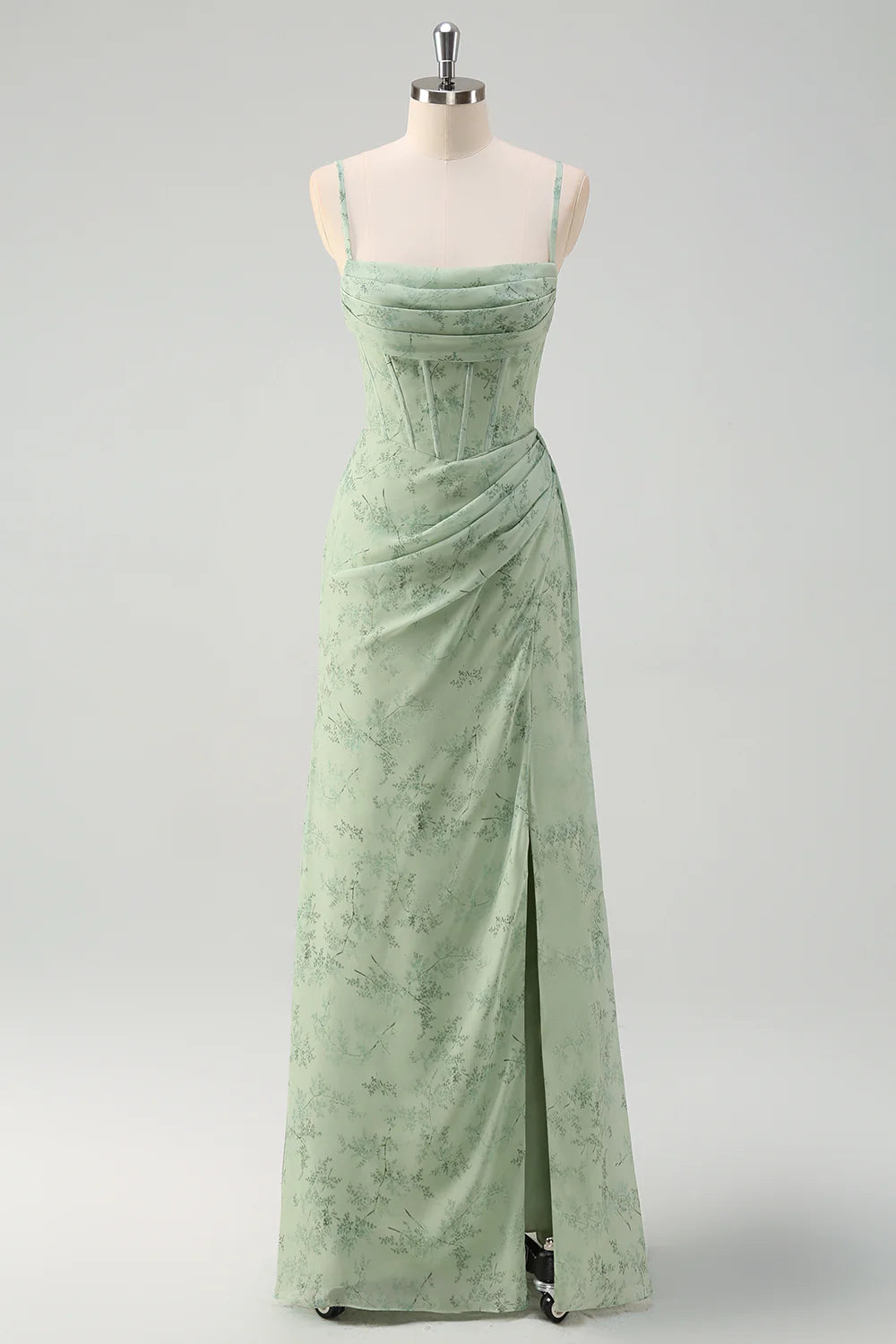 Dusty Sage Corset Floral Print Evening Dresses Bridesmaid Dresses with Slit  RF0385