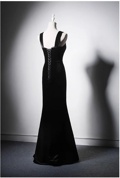 Elegant Black Spaghetti Strap Sweetheart Mermaid Velvet Evening Dresses Long Prom Dresses RF0386