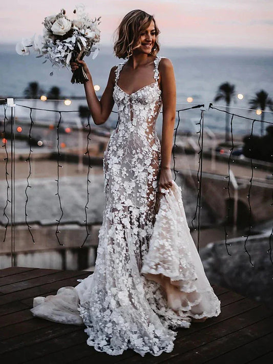 Beach Sexy Boho Wedding Dresses Court Train Mermaid / Trumpet Sleeveless V Neck Lace With Appliques RF0388