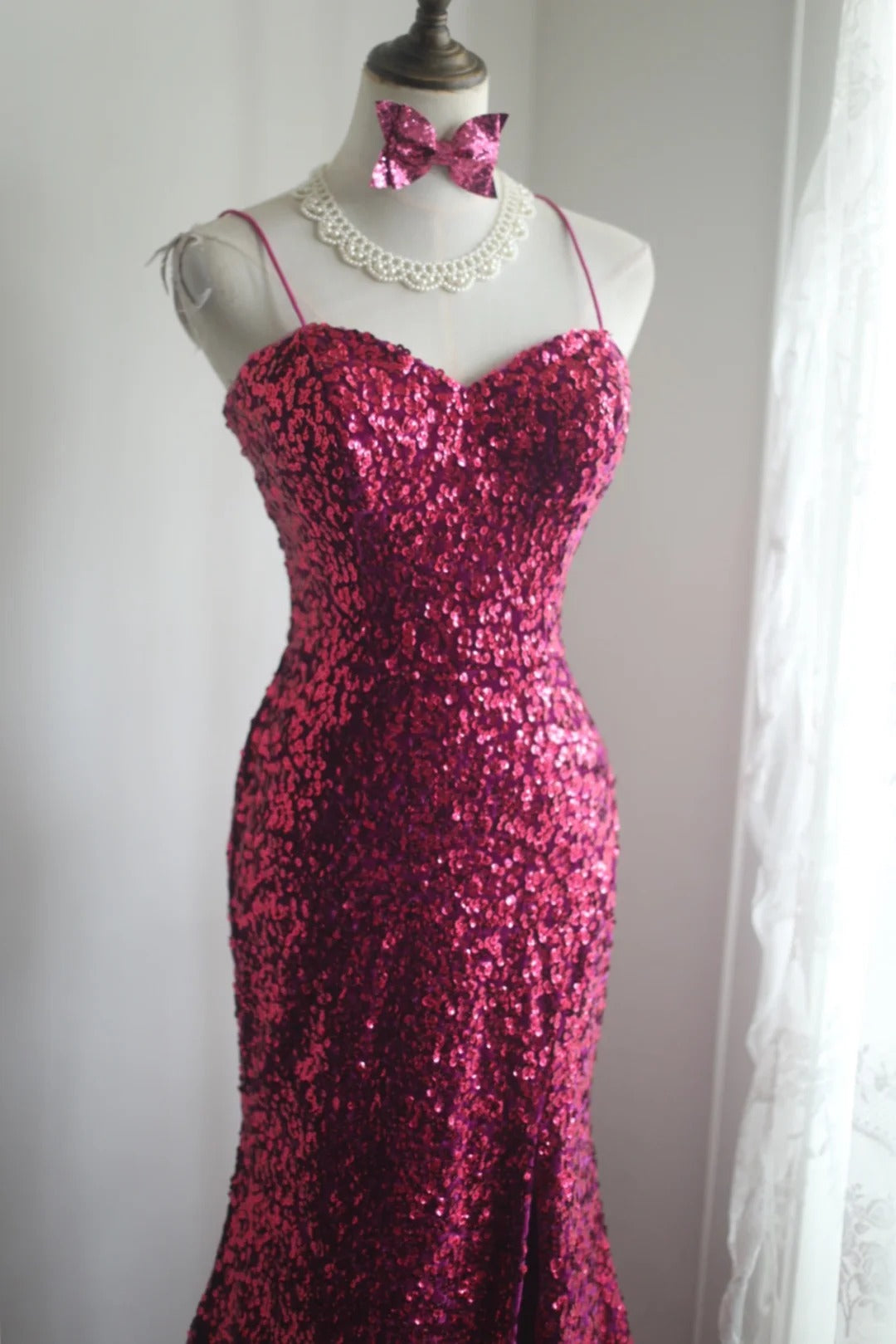 Sexy Fuchsia Spaghetti Strap Mermaid Shiny Sequins Backless Long Prom Dresses Formal Evening Dresses RF0391