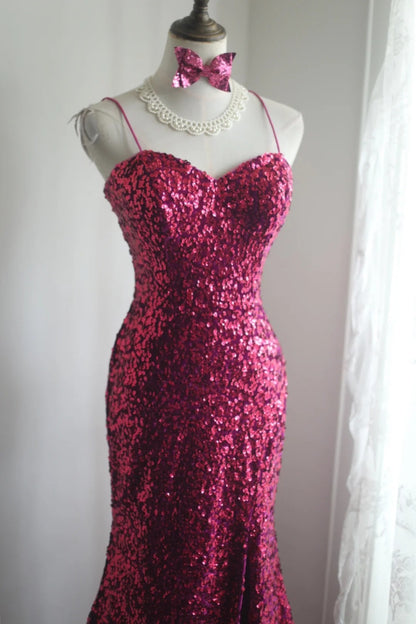 Sexy Fuchsia Spaghetti Strap Mermaid Shiny Sequins Backless Long Prom Dresses Formal Evening Dresses RF0391