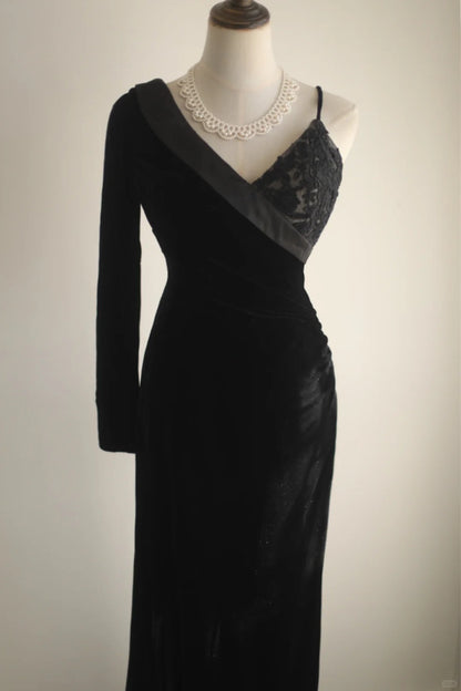 One Shoulder Black Satin  Backless Long Prom Dresses Formal Elegant Train Evening DressesRF0393