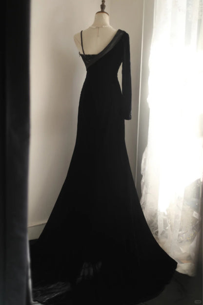One Shoulder Black Satin  Backless Long Prom Dresses Formal Elegant Train Evening DressesRF0393