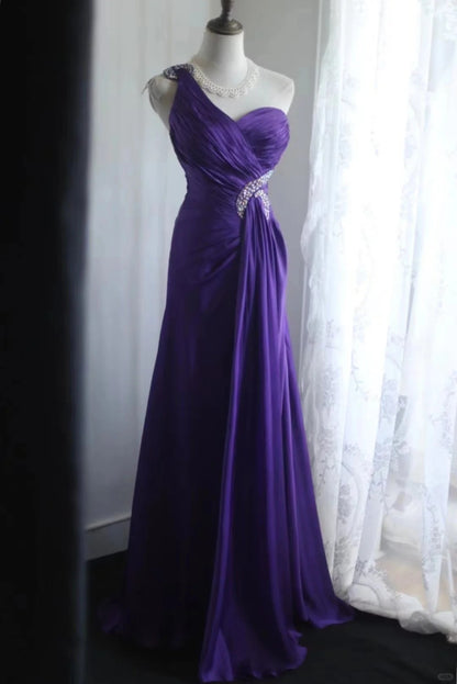 Gorgeous Purple One Shoulder Satin A-Line Long Prom Dresses Formal Evening Dress RF0394