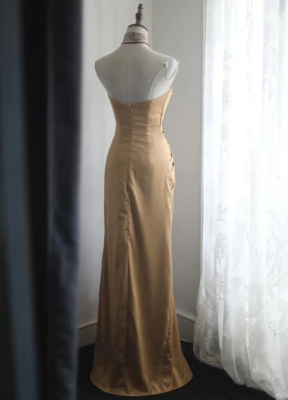 Gold Sweetheart Satin Mermaid Elegant Evening Dress, Long Prom Dresses RF0395