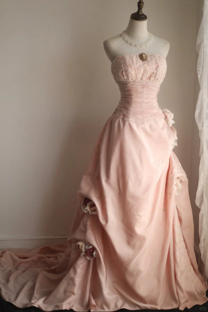 Pink Sweet A-Line Strapless Satin Lace Train Wedding Dress RF0406