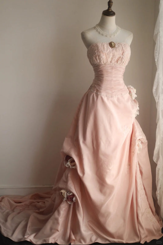 Pink Sweet A-Line Strapless Satin Lace Train Wedding Dress RF0406