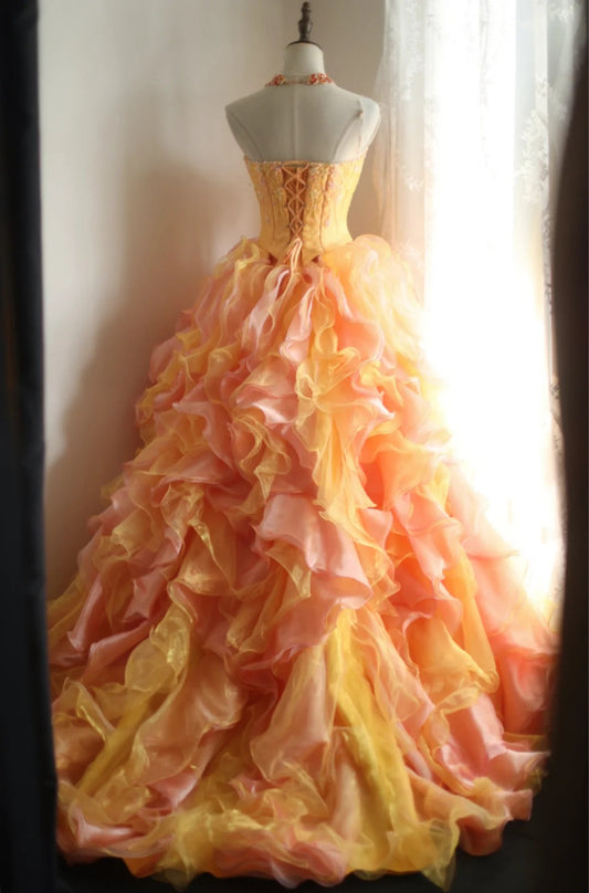 Gorgeous Orange Pink Spaghetti Strap Chiffon A-Line Wedding Dress Long Prom Dresses RF0409